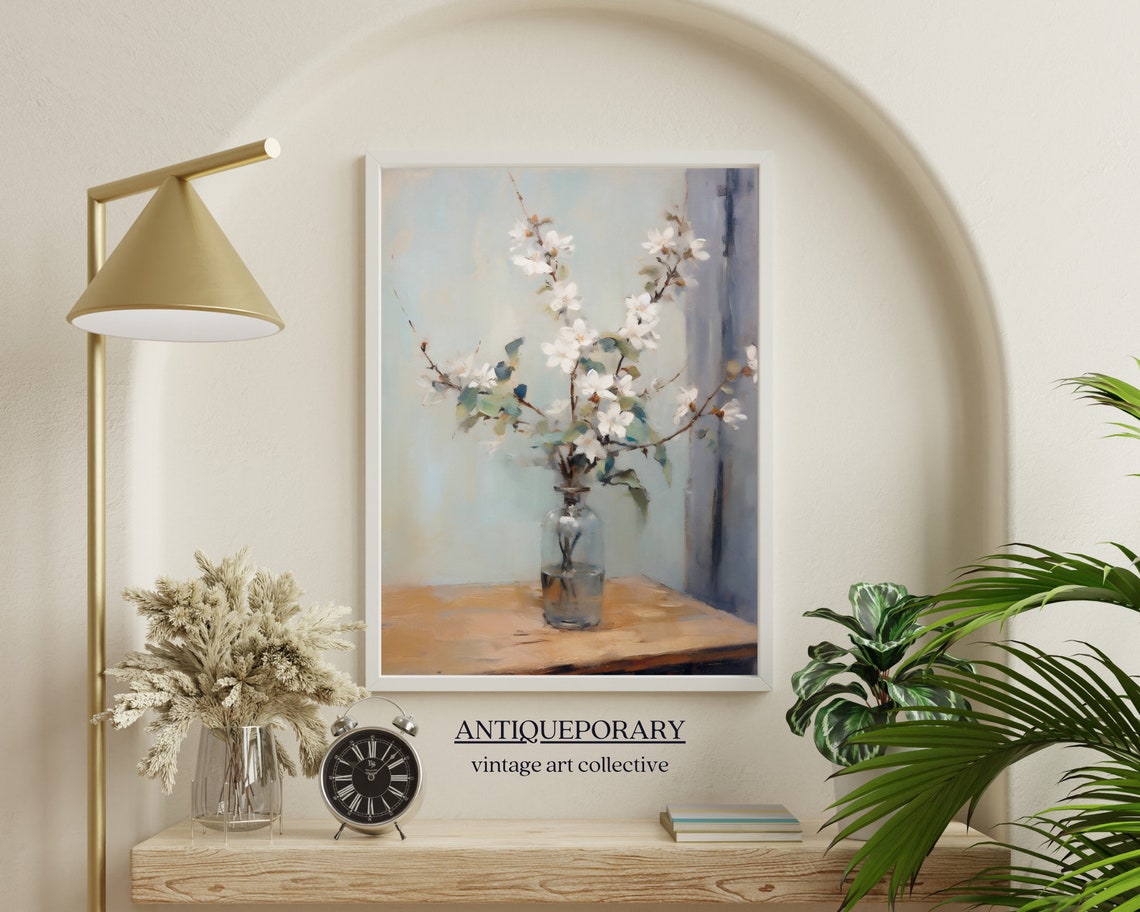 Flower Vase Still Life Painting Vintage Kitchen Print Neutral Flowers Oil Painting Farmhouse Decor Antique Still Life Painting - Image 2