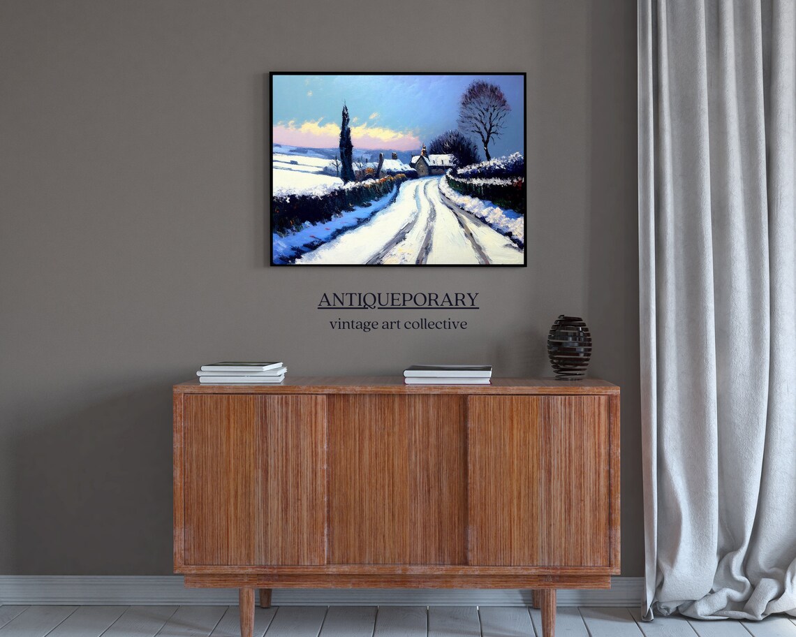 Snowy Country Road to Stone Cottages Blue Winter Scene Poster - Image 3