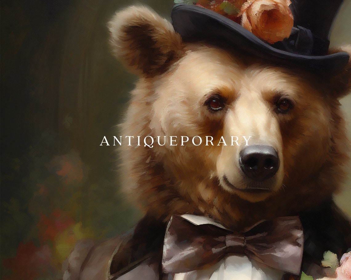 Dapper Bear Portrait Top Hat Tuxedo Victorian Animal Painting Poster - Image 3