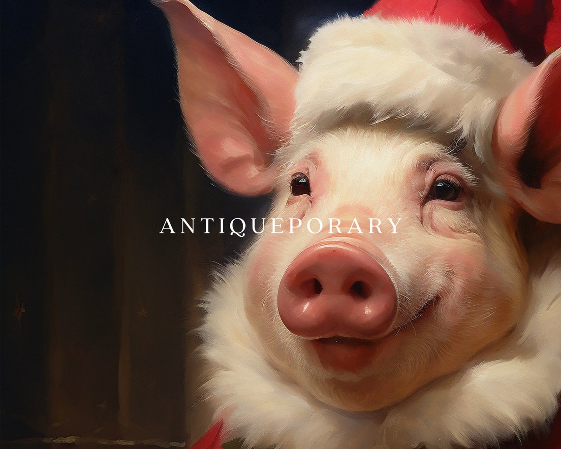 Smiling Pig Dressed as Santa with Holly Christmas Portrait Poster - Image 3
