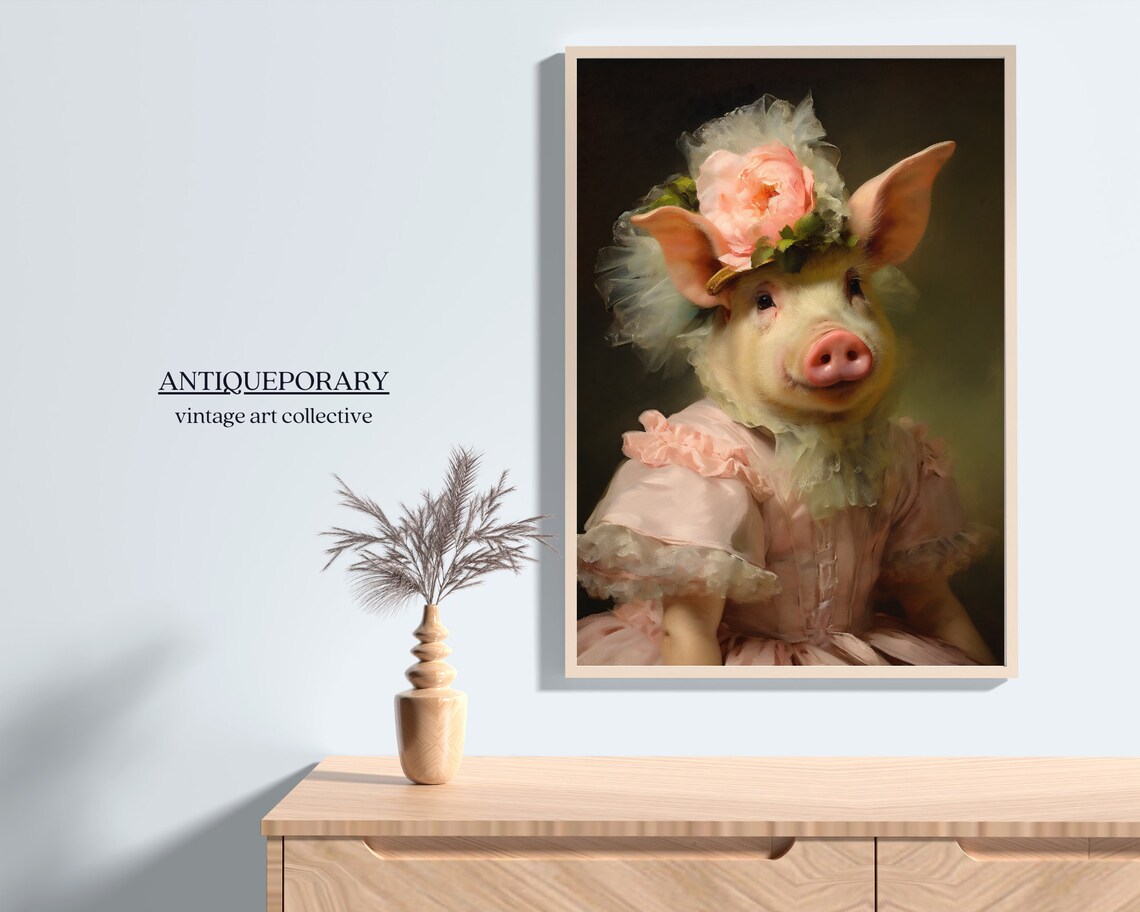 Adorable Pig Lady in Pink Dress with Rose Headpiece Portrait Poster - Image 6