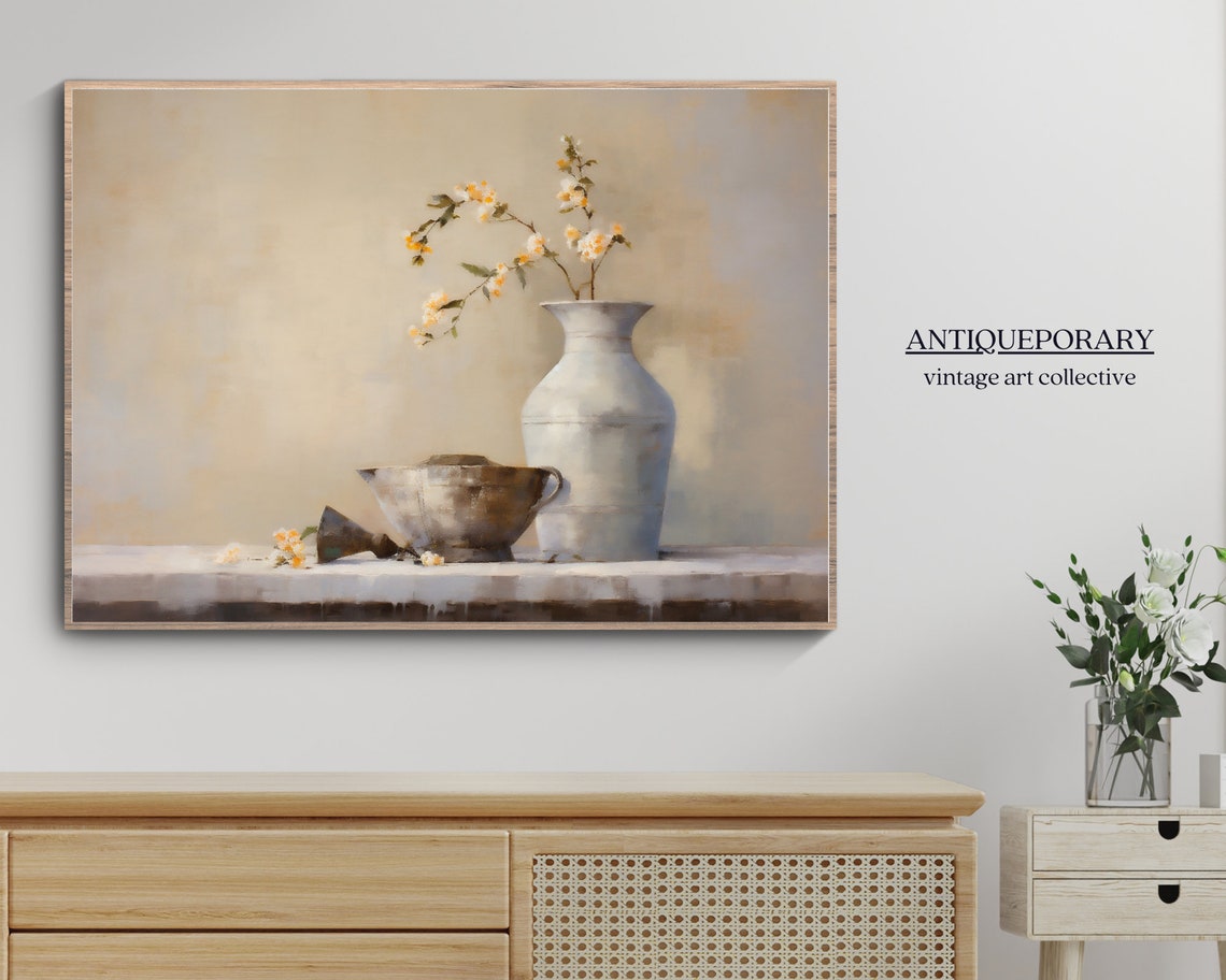 Soft Neutral Still Life White Vase Blossoms Vintage Beige Art Poster - Image 3