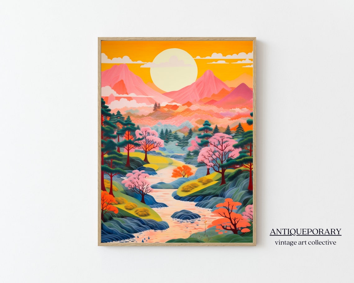 Japanese Sunset Mountain Cherry Blossom River Landscape Poster