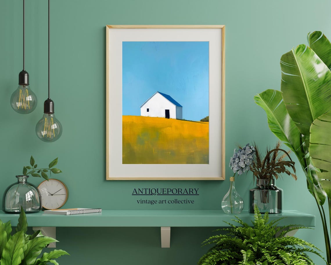 White Barn Golden Yellow Field Bright Blue Sky Modern Landscape Poster - Image 4
