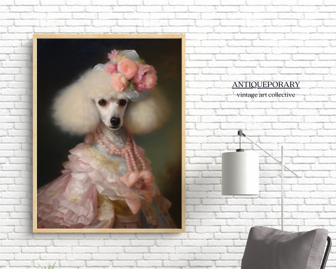Elegant Poodle Lady in Pink Gown Pearl Necklace Portrait Wall Art - Image 4