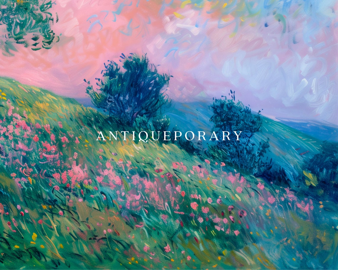 Wildflower Meadow Sunset Hillside Impressionist Landscape Poster - Image 2