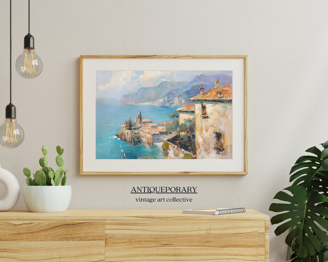 Rustic Landscape Painting Vintage European Country Painting French Lake Village Print Antique Villa Art - Image 4