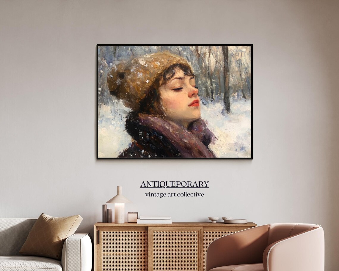Woman in Snowfall Fur Hat Vintage Winter Portrait Oil Painting Poster - Image 7