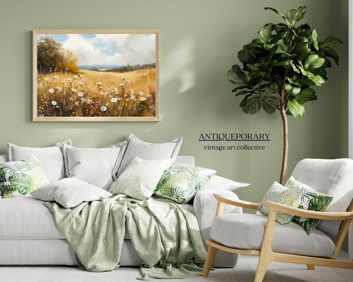 Wildflower Field Landscape Oil Painting Vintage Autumn Landscape Print Neutral Country Field Wall Art Nature - Image 6