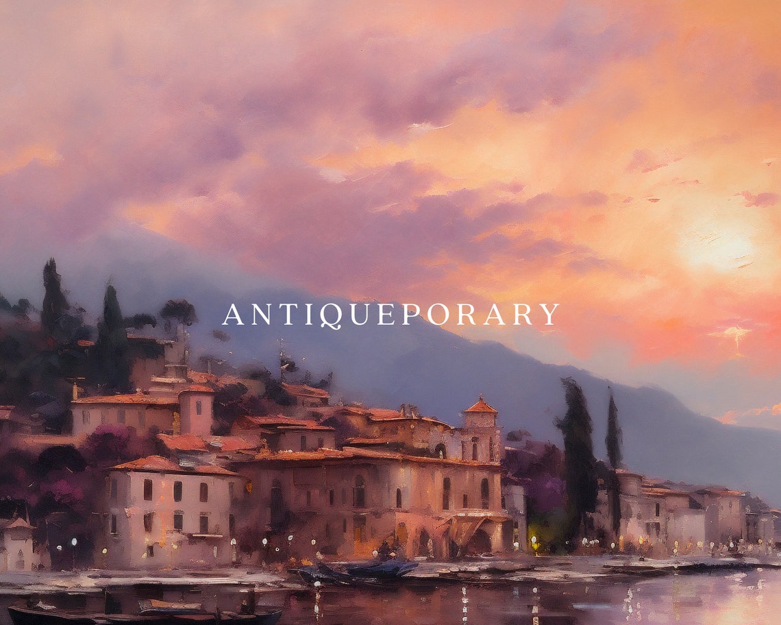 Vintage Country Painting French Lake Landscape Print Rustic Sunset Village Oil Painting Antique City Print - Image 3
