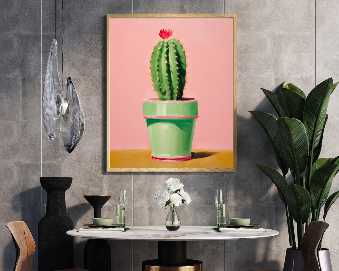Minimalist Green Cactus Pink Background Modern Pop Art Poster - Image 4