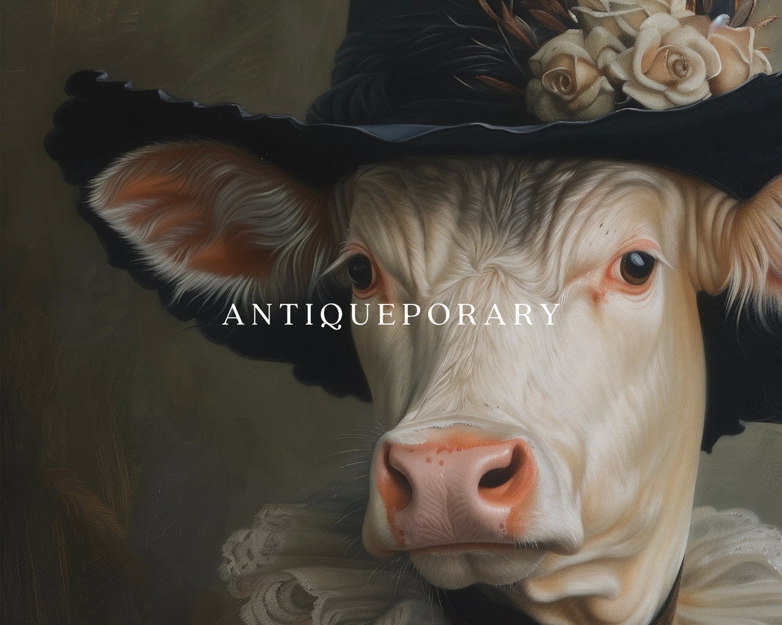 Elegant Lady Cow in Black Rose Hat Victorian Portrait Wall Art - Image 3