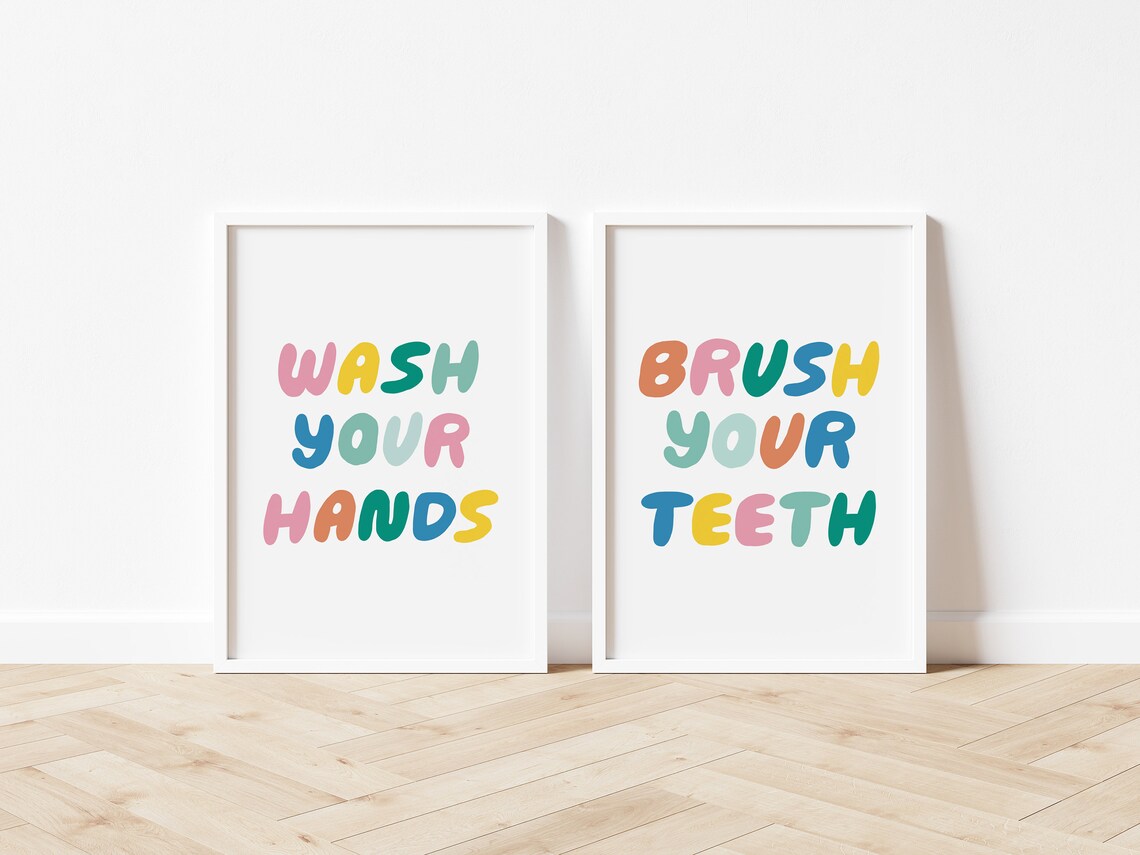 Brush Your Teeth Colorful Bubble Letters Kids Bathroom Decor Poster - Image 2