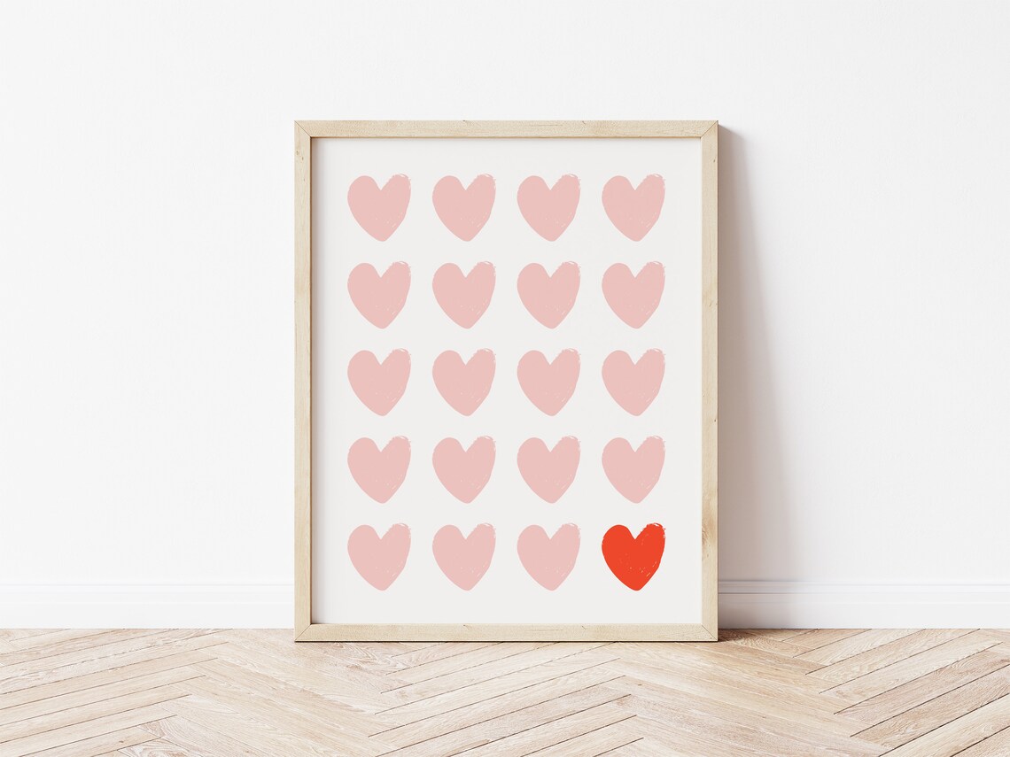 Blush Pink Heart Grid With One Red Heart Valentine Minimal Art Poster