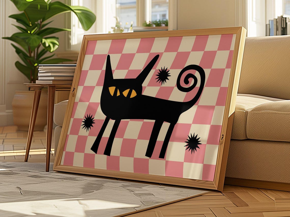 Black Cat Pink Checkered Mid Century Modern Animal Art Poster - Image 2
