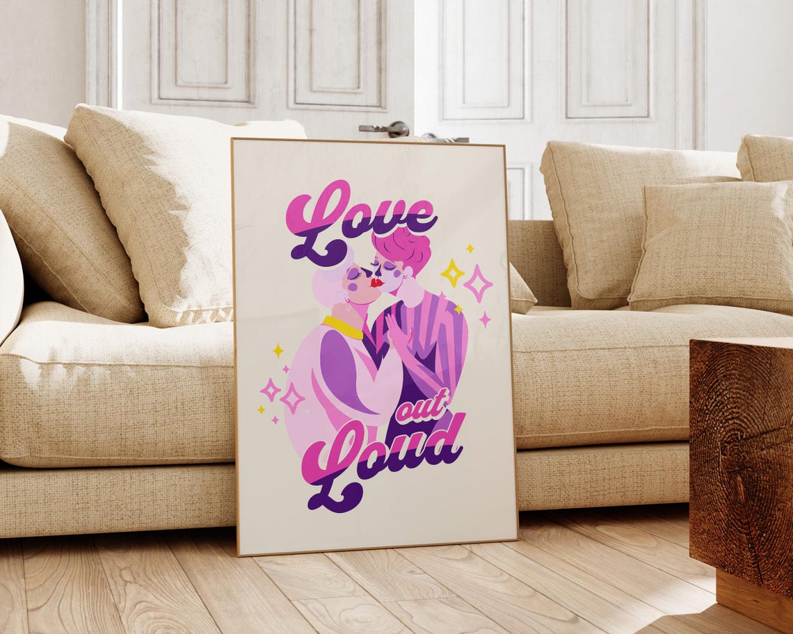 Love Out Loud Retro Couple Illustration LGBTQ Pride Romance Poster - Image 2