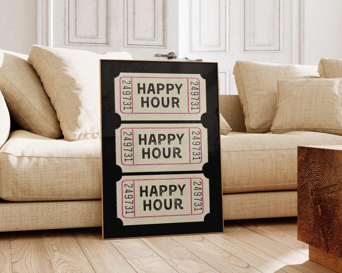 Happy Hour Vintage Ticket Stub Trio Black Bar Cart Decor Poster - Image 4