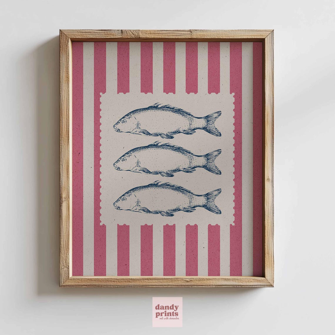 Triple Fish Sketch On Pink Striped Nautical Kitchen Art Print