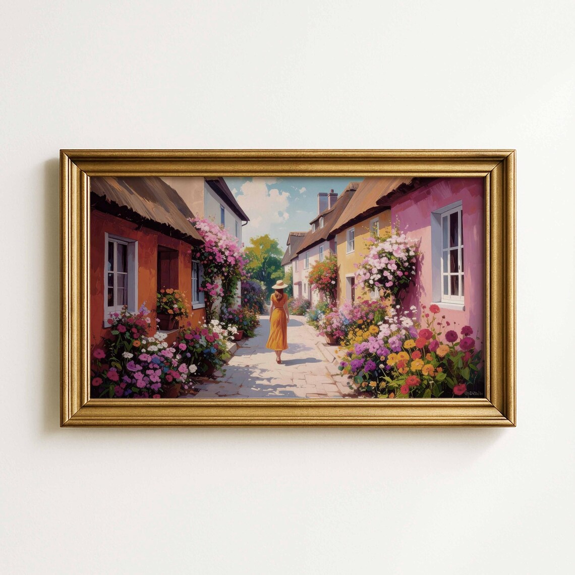 English Flower Cottage Street Woman In Orange Dress Painting Poster