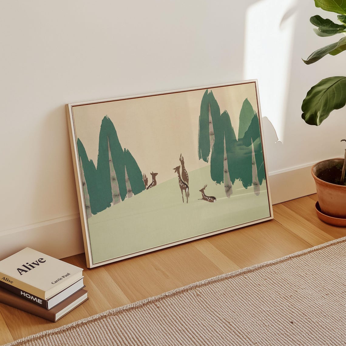 Vintage Japanese Style Deer in Forest Green Woodblock Art Poster - Image 2