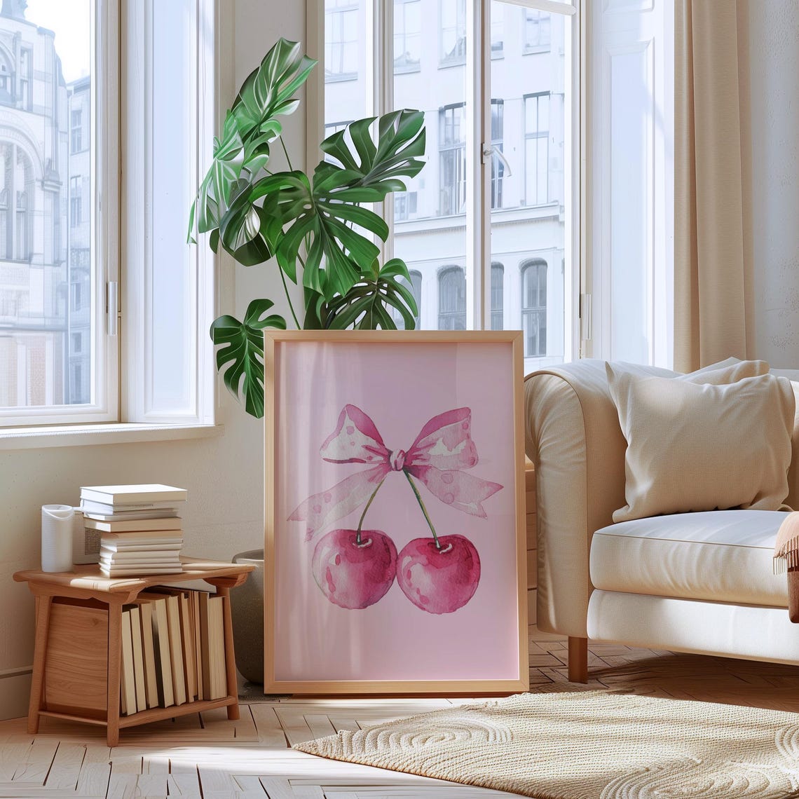 Pink Cherry Watercolor With Bow Coquette Girly Aesthetic Poster - Image 4