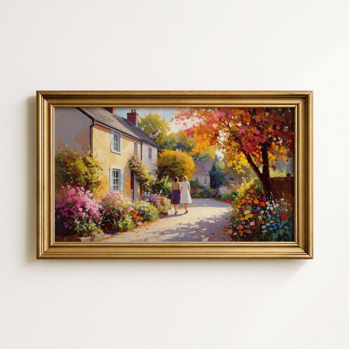 English Cottage Garden Lane Two Friends Impressionist Painting Poster