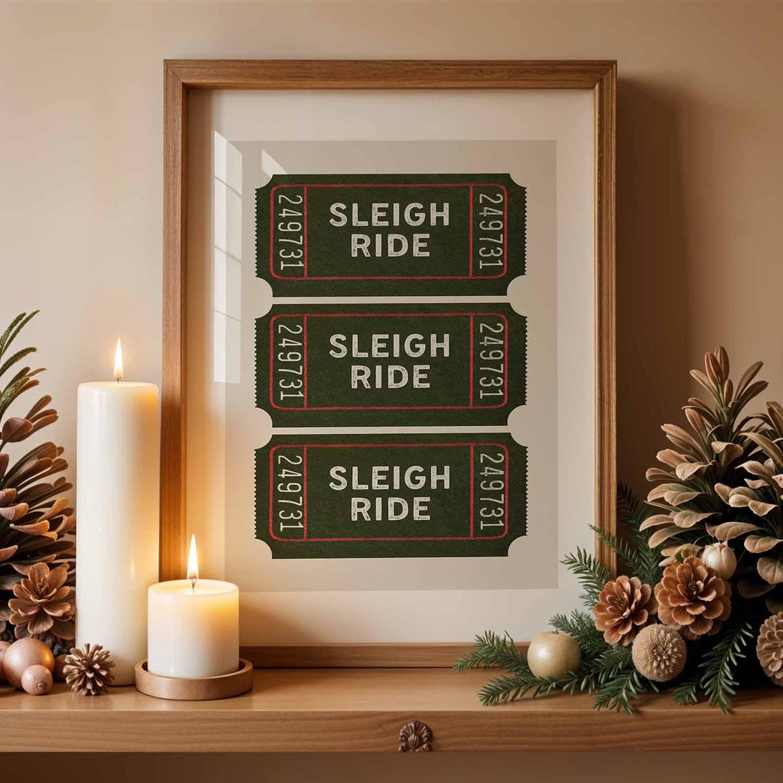 Sleigh Ride Ticket Stub Green Christmas Holiday Decor Poster