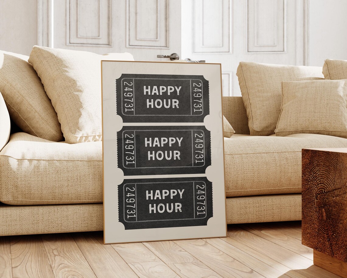 Happy Hour Vintage Ticket Stub Trio Black Bar Cart Wall Poster - Image 3