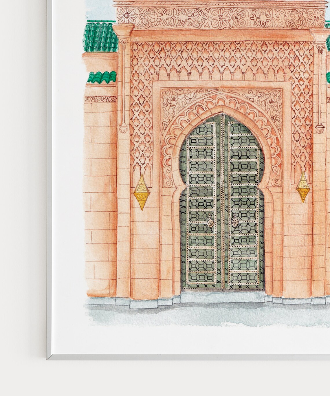 Ornate Moroccan Palace Gate Carved Stone Green Door Watercolor Poster - Image 3