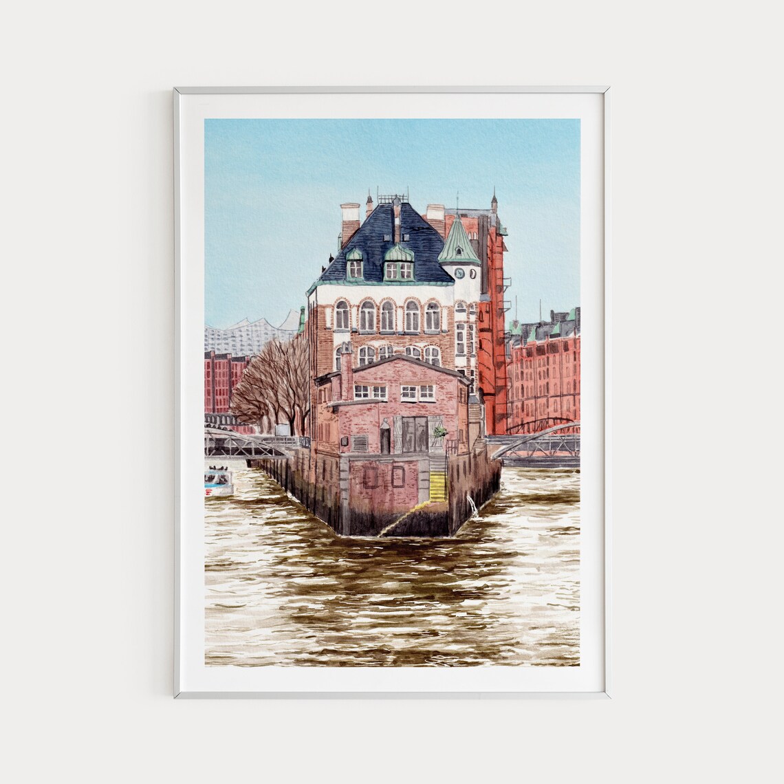 Hamburg Watercolor Travel Poster, Germany Cityscape