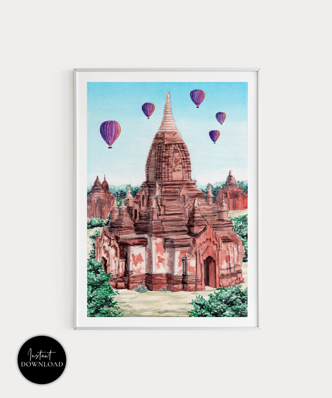 Bagan Myanmar Watercolor Travel Poster, Landscape