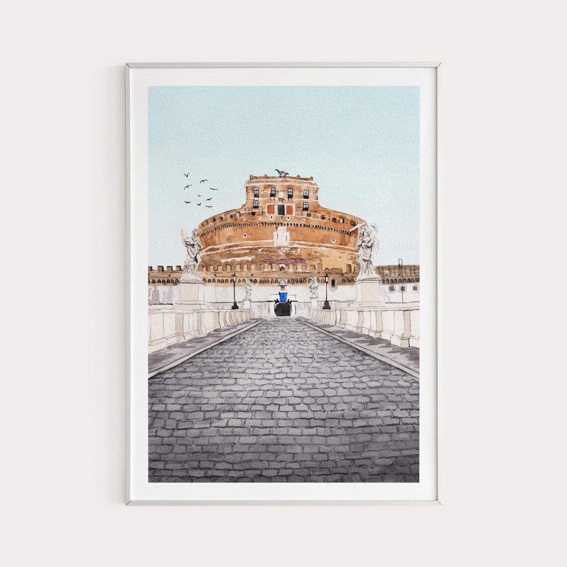 Rome Castel SantAngelo Bridge Morning Birds Watercolor Poster - Image 3