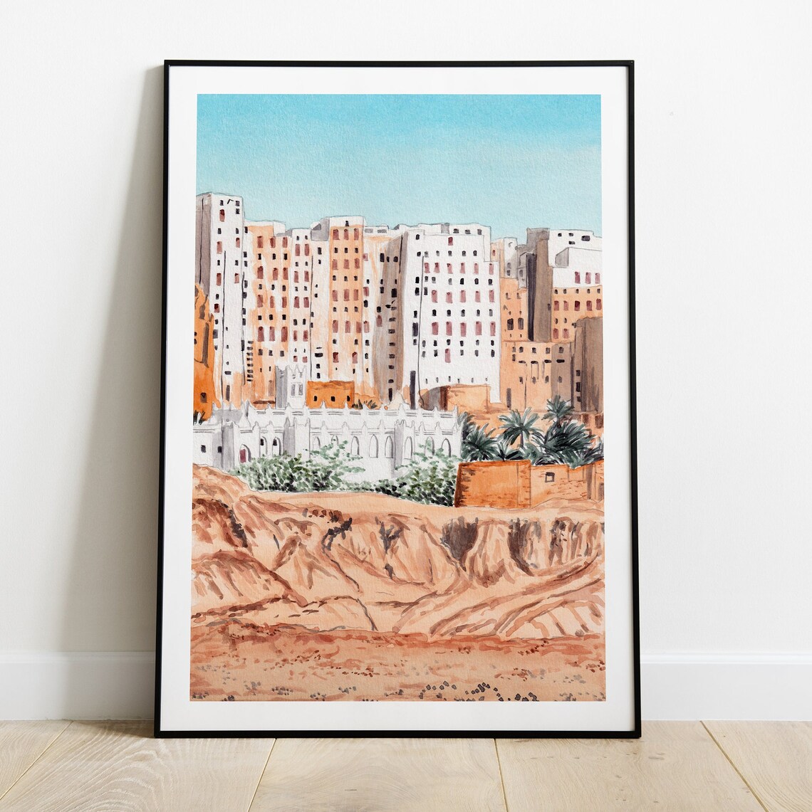 Shibam Yemen Tower Houses Desert Watercolor Cityscape Poster - Image 2