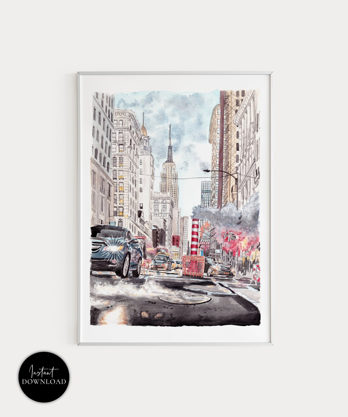 New York Fifth Avenue Empire State Building Rainy Street Poster