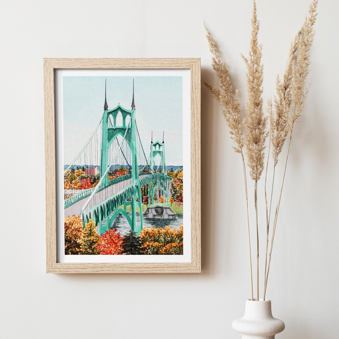 Portland St Johns Bridge Watercolor Autumn Foliage Oregon Poster - Image 2