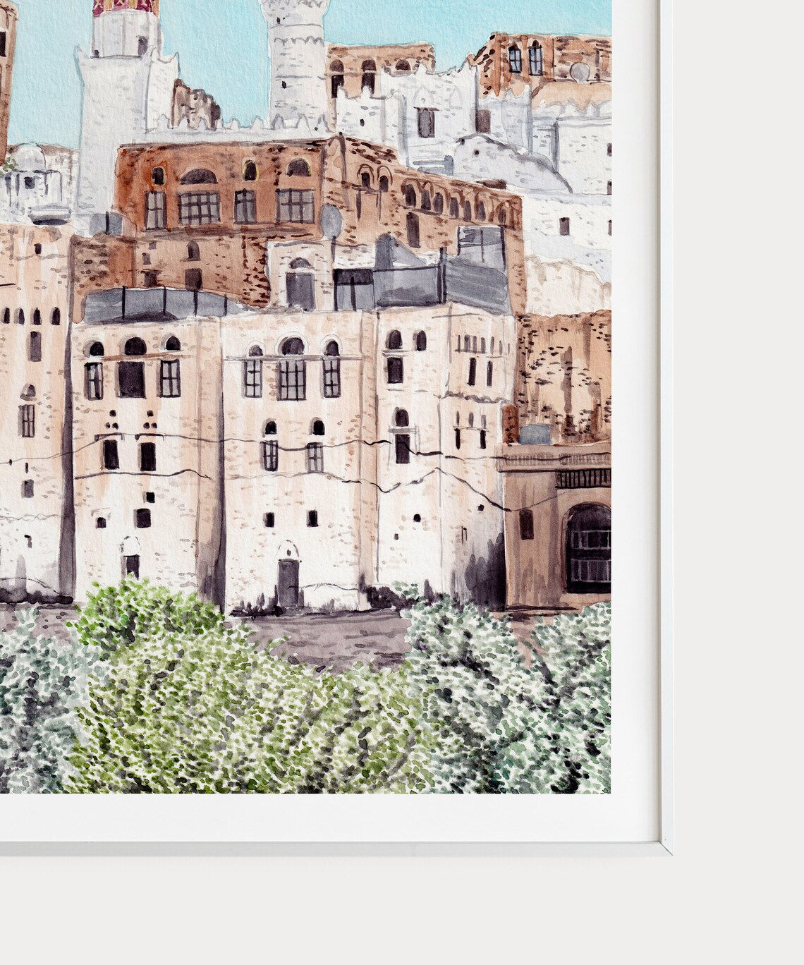 Jibla Yemen Historic Old Town Mosque Minaret Watercolor Art Poster - Image 3