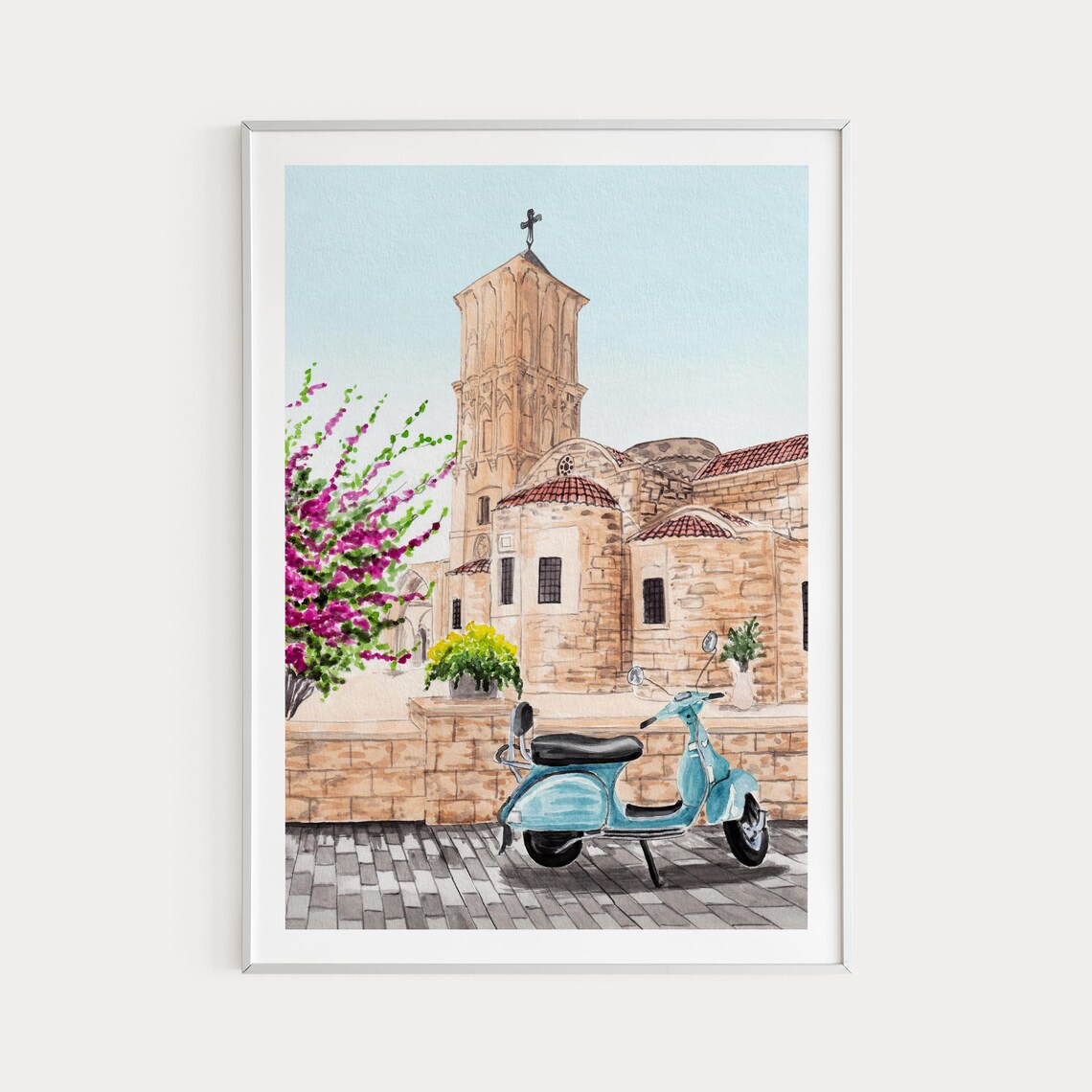 Larnaca Cyprus Watercolor Church Bell Tower Blue Scooter Poster