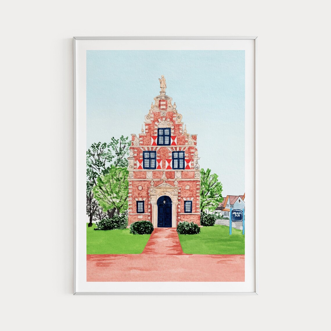 Historic Dutch Brick Gabled Building Watercolor Delaware Town Poster