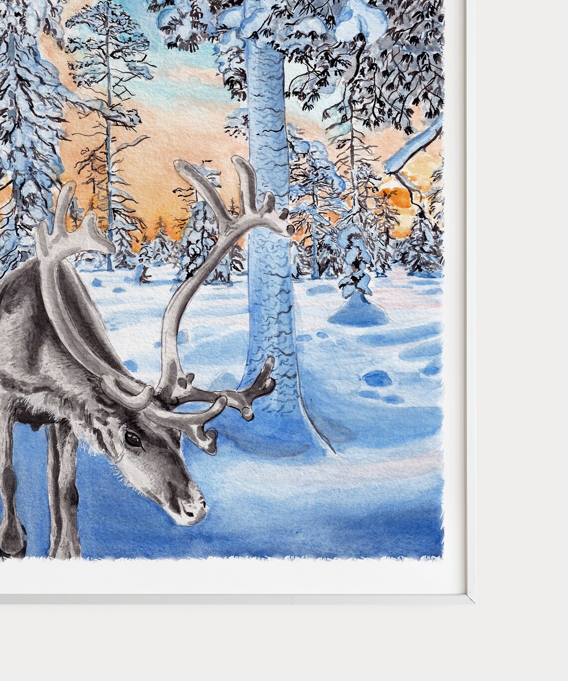 Lapland Finland Reindeer Snowy Forest Sunset Watercolor Poster - Image 3