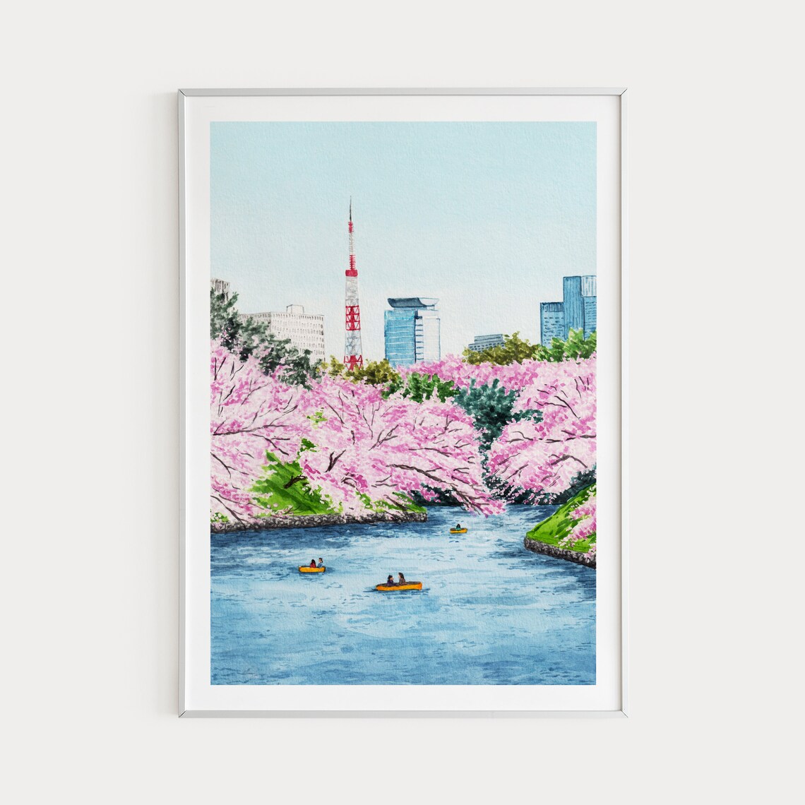 Tokyo Tower Cherry Blossom Season Moat Boats Watercolor Poster