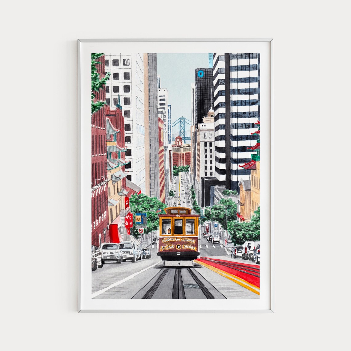 San Francisco Cable Car Chinatown Street Watercolor California Poster