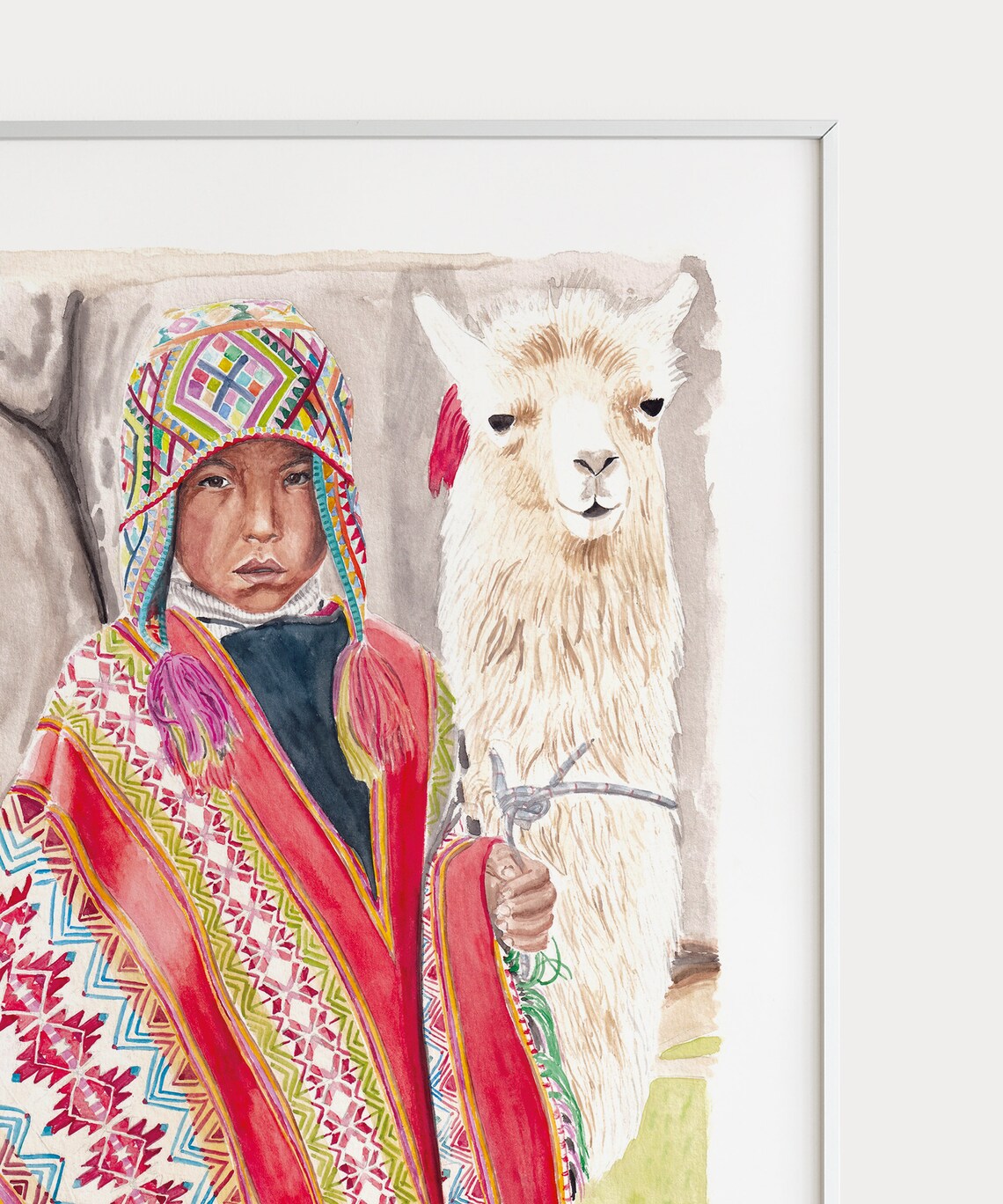 Peruvian Child Traditional Poncho Llama Watercolor Portrait Peru Wall Art - Image 2