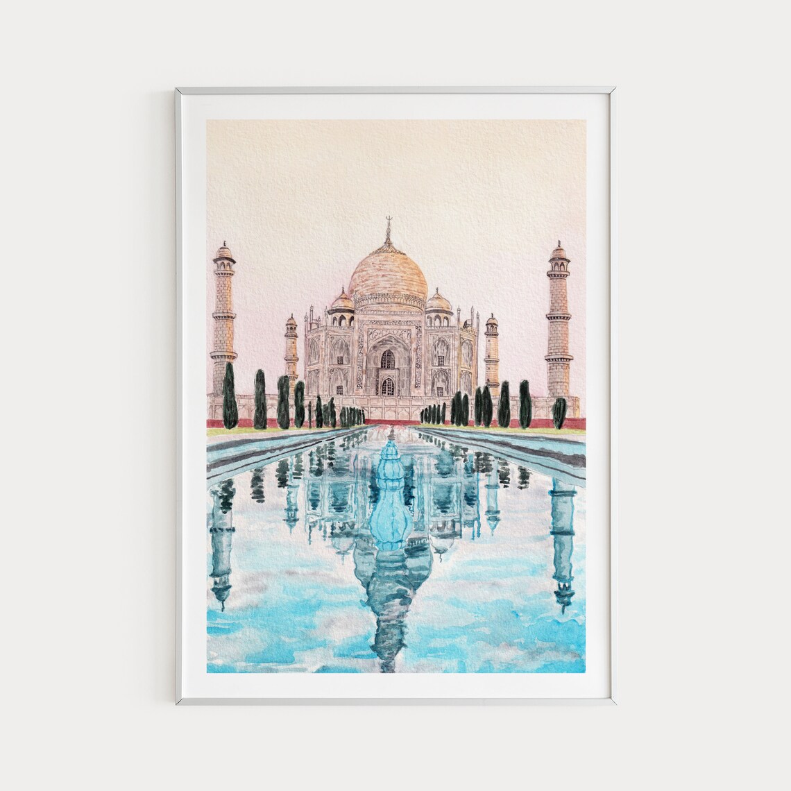 Taj Mahal Agra Sunrise Reflection Symmetrical Watercolor Poster