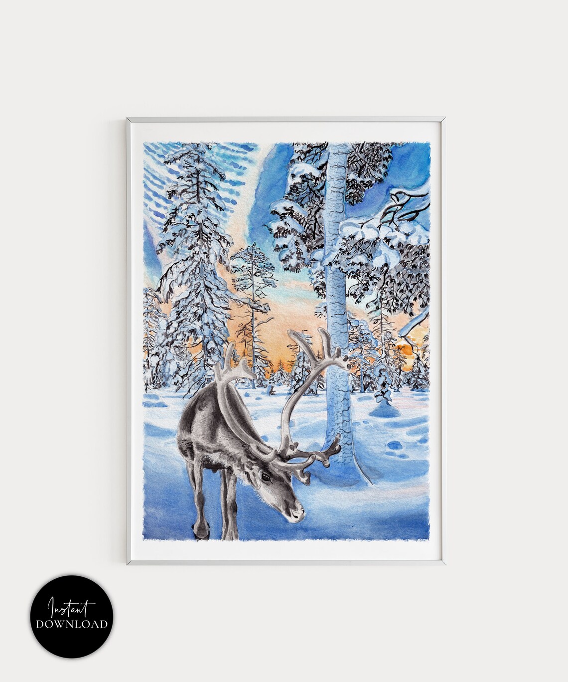 Lapland Finland Reindeer Snowy Forest Sunset Watercolor Poster
