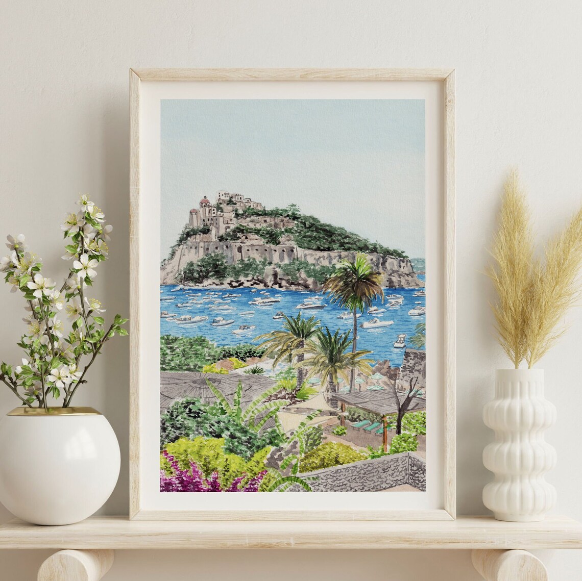 Ischia Italy Castello Aragonese Cliff Boats Watercolor Poster - Image 2