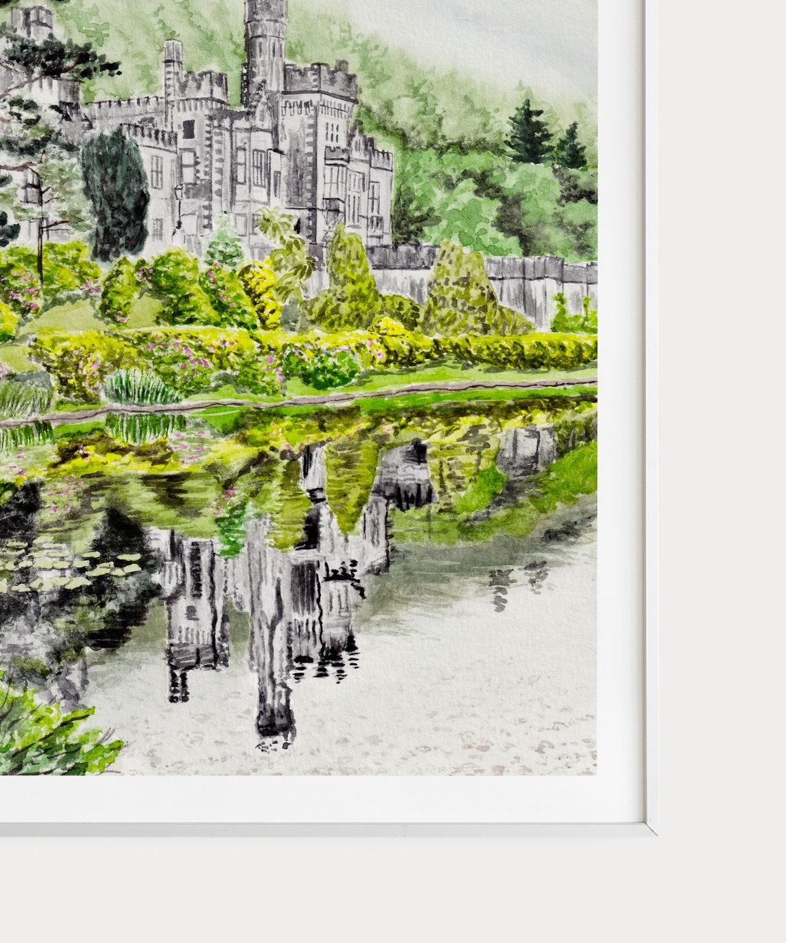 Kylemore Abbey Ireland Lake Reflection Mist Watercolor Poster - Image 3