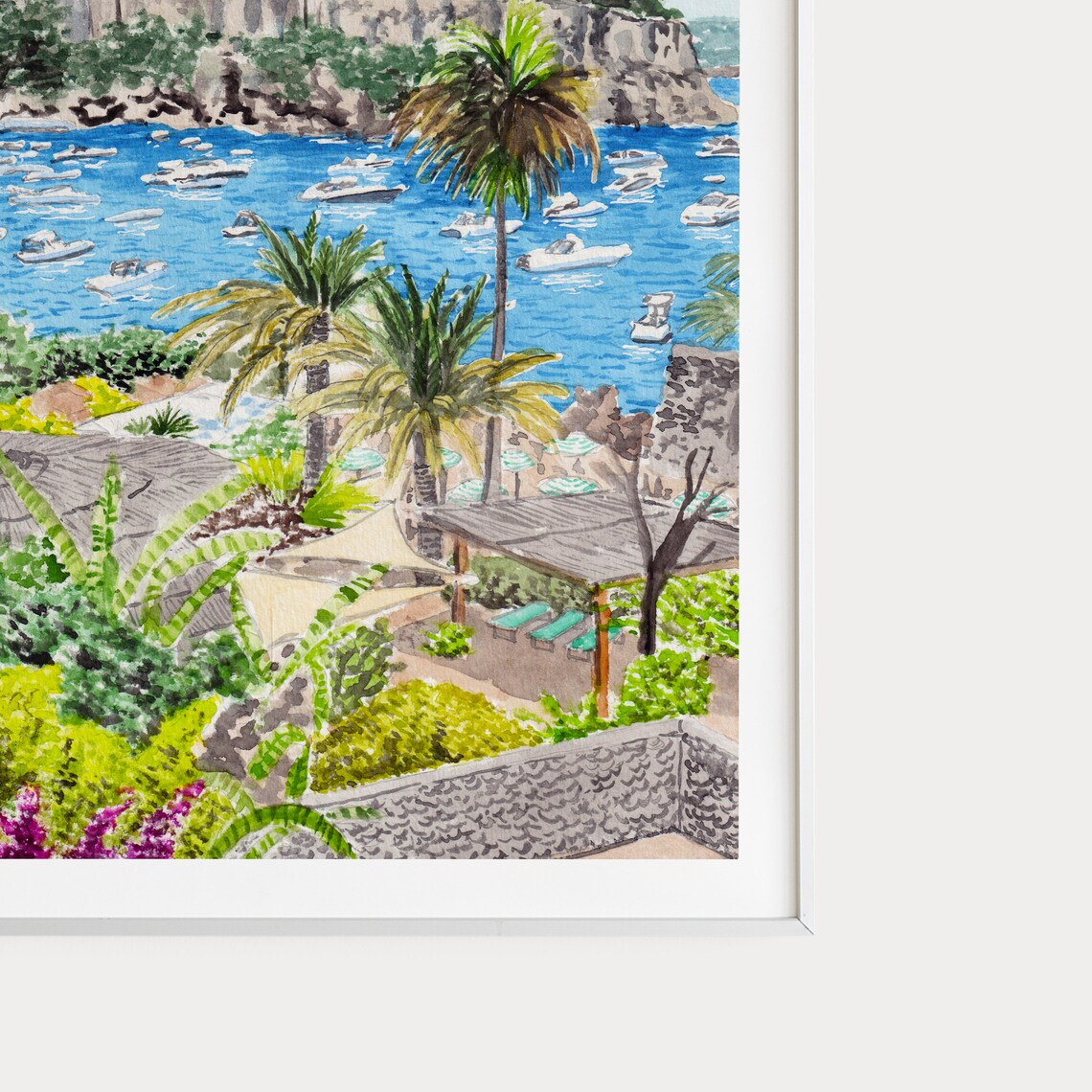 Ischia Italy Castello Aragonese Cliff Boats Watercolor Poster - Image 3