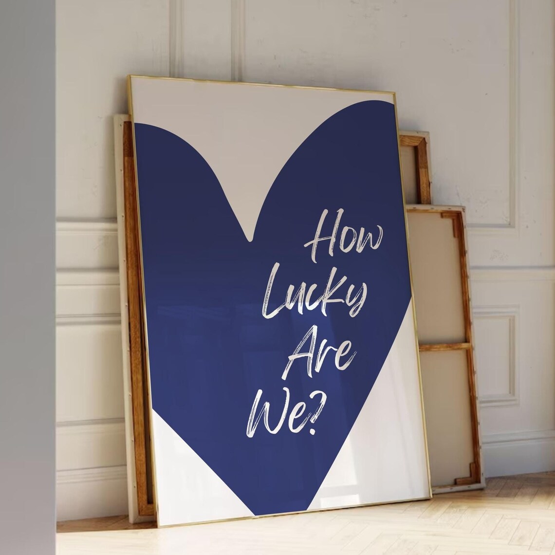 How Lucky Are We Art Print, Navy Blue Heart Retro