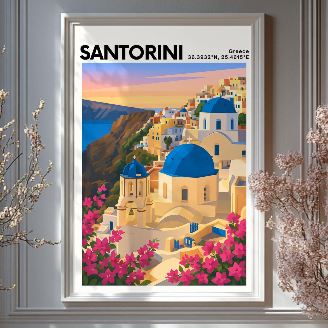 Santorini Greece Blue Domes Aegean Coastal Sunset Travel Poster