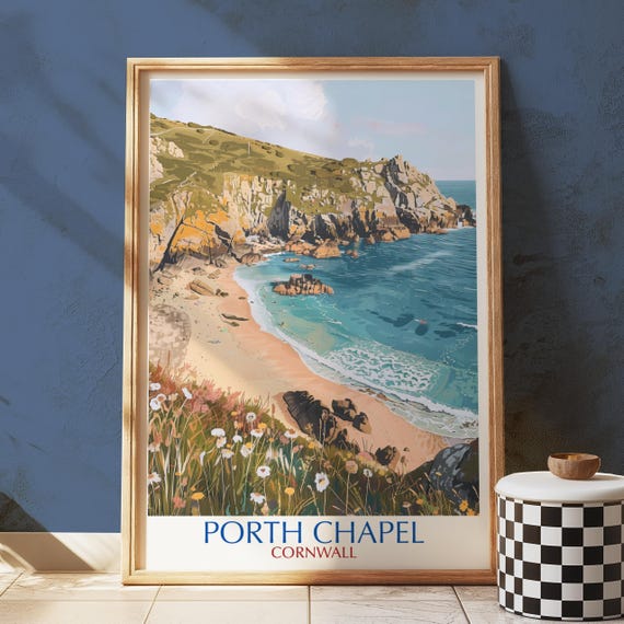 Porth Chapel Beach Art Print Cornwall Coast Secluded Cove Illustration
